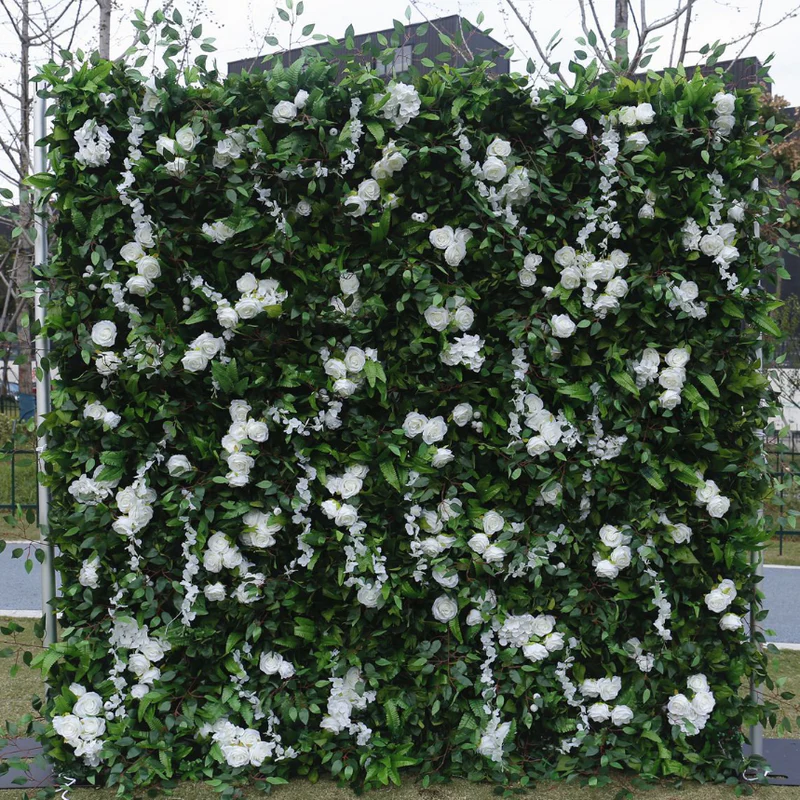 フラワーウォール緑の人工生地は、パーティーのためのカーテンの花の背景を巻き上げます